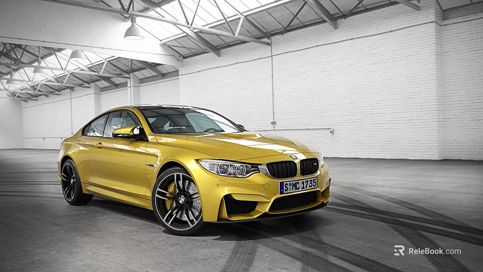 Yellow BMW M4 Coupe Parked In Garage Featuring White Brick Walls High Ceiling Tire Tracks 3d model 