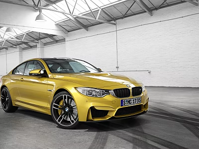 Yellow BMW M4 Coupe Parked In Garage Featuring White Brick Walls High Ceiling Tire Tracks 3d model