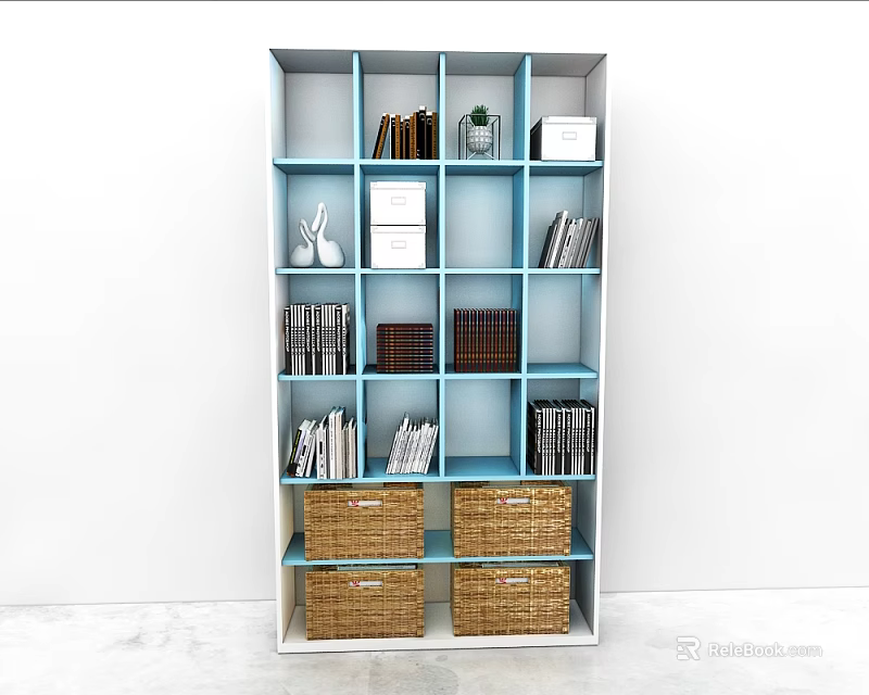 Light Blue Multi Compartment Bookcase With Books Rabbit Figurines Vase And Wicker Baskets 3d model