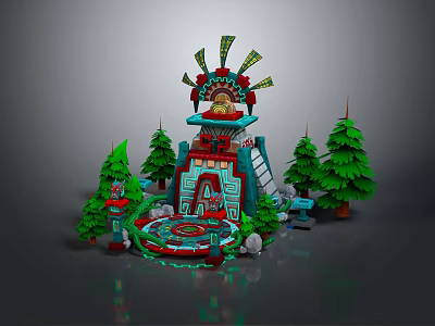 Colorful Traditional Tower Structure With Decorative Top Surrounded By Pine Trees And Circular Pool 3d model