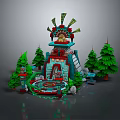 Colorful Traditional Tower Structure With Decorative Top Surrounded By Pine Trees And Circular Pool