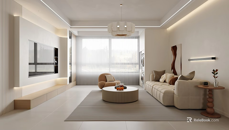 Modern Minimalist Living Room Interior With Beige Sofa Round Coffee Table And Pendant Light 3d model 