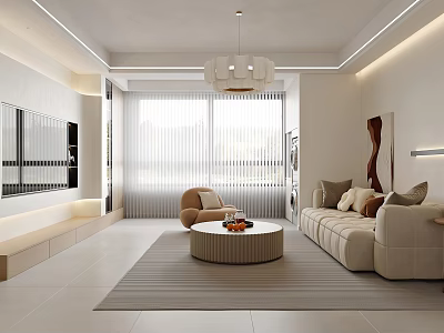 Modern Minimalist Living Room Interior With Beige Sofa Round Coffee Table And Pendant Light 3d model