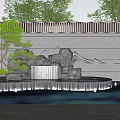 Scenic Gray Wall Design With Rockery Waterfall Bonsai Pine And Water Pool