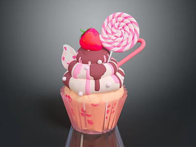 Pink Cupcake With Swirl Cream Chocolate Drizzle Fresh Strawberry And Striped Lollipop Decorative Paper Case 3d model