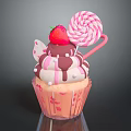 Pink Cupcake With Swirl Cream Chocolate Drizzle Fresh Strawberry And Striped Lollipop Decorative Paper Case
