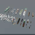Various Types of Ships and Boat Models in Different Sizes Arranged on Light Blue Background