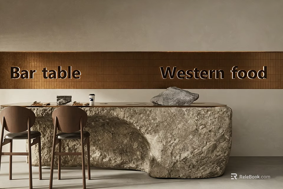 Modern Western Food Bar Table With Stone Countertop And Brown Chairs 3d model 