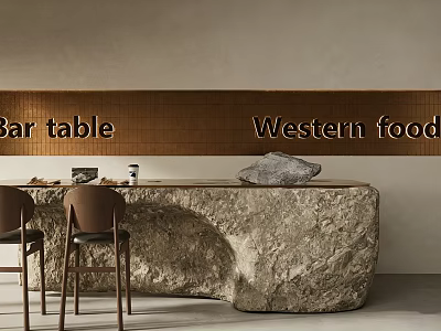 Modern Western Food Bar Table With Stone Countertop And Brown Chairs 3d model