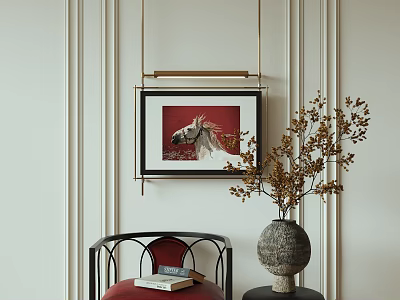 Stylish Single Sofa With Red Cushion And Ceramic Vase Holding Dried Branches By Horse Painting 3d model