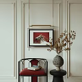 Stylish Single Sofa With Red Cushion And Ceramic Vase Holding Dried Branches By Horse Painting