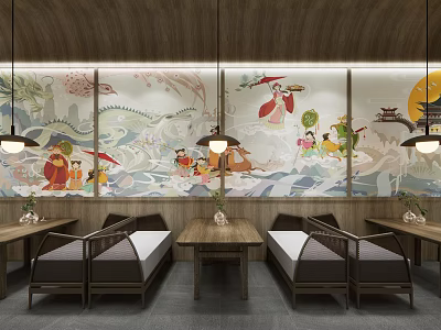 Traditional Japanese Restaurant Interior With Artistic Mural Wooden Decor And Cozy Seating Area 3d model