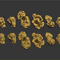 Wood Stone Decorative Pieces With Golden Texture And Intricate Patterns On Black Background With Reflections