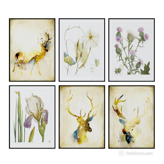 Watercolor Botanical Paintings With Deer And Iris Flowers For Home Decor 3d model 