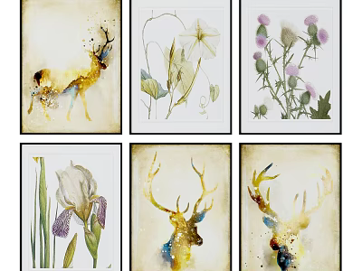 Watercolor Botanical Paintings With Deer And Iris Flowers For Home Decor 3d model