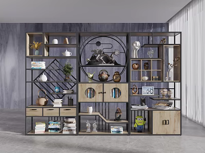 Modern Antique Display Shelf With Circular Ornament Wooden Metal Frame And Decorative Vases Books Plants 3d model