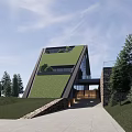 Modern Waterfront Building With Glass Facade Green Roof And Trees Around