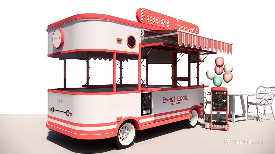 Red and White Mobile Food Truck With Fruity Fritters Sign Awning and Balloons 3d model 