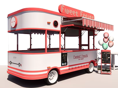 Red and White Mobile Food Truck With Fruity Fritters Sign Awning and Balloons 3d model