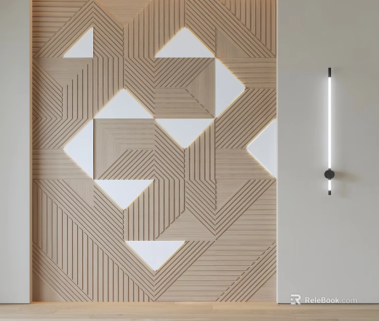 Modern Wooden Wall Paneling With Geometric Triangle Patterns And Strip Light Fixture 3d model 