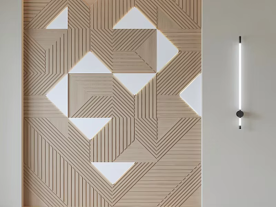 Modern Wooden Wall Paneling With Geometric Triangle Patterns And Strip Light Fixture 3d model
