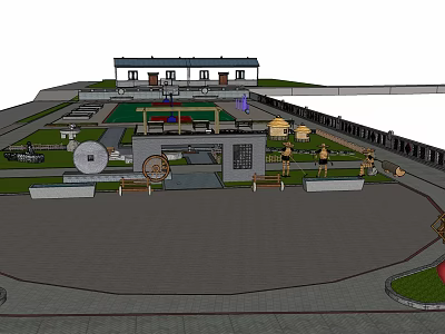 Outdoor Plaza Design With Main Building Paved Area Green Spaces Lighting And Seating 3d model