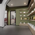 Modern Office Reception Area With Red White Wall And Green Shelves