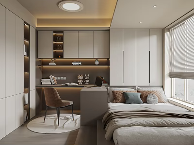 Modern Tatami Bedroom Interior Design With Storage Cabinets Desk And Window 3d model
