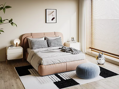 Modern Bedroom Interior With Peach Headboard Double Bed Black White Checkered Pillows And Nightstands 3d model