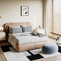 Modern Bedroom Interior With Peach Headboard Double Bed Black White Checkered Pillows And Nightstands