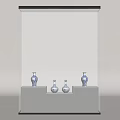 Transparent Display Cabinet Shelves Neatly Holding Blue and White Vases on White Base