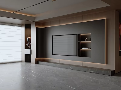 Elegant Modern TV Wall Design With Gray Marble LED Strip Lights And Open Display Shelves 3d model