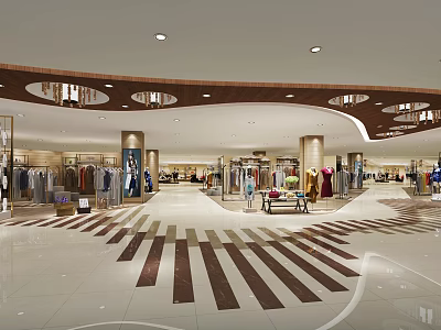 Modern Shopping Mall Lobby With Clothing Displays Columns And Striped Floor 3d model