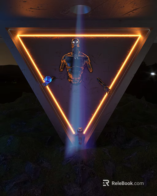 Smart Machine in Triangular Frame With Illuminated Orange Border Night Mountain Background and Light Beam 3d model 