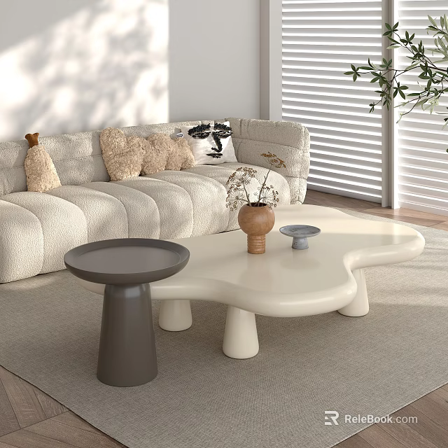 Irregular Shaped White Coffee Table With Brown Vase Blue Bowl And Side Table 3d model 