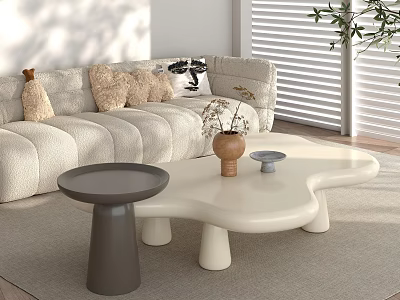 Irregular Shaped White Coffee Table With Brown Vase Blue Bowl And Side Table 3d model