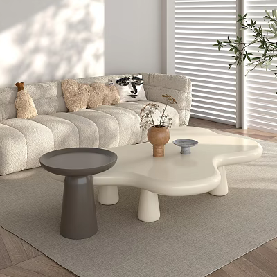 Irregular Shaped White Coffee Table With Brown Vase Blue Bowl And Side Table 3d model