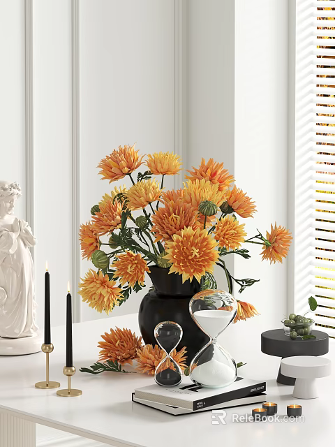 Stylish Ornamental Decor Set Featuring Orange Flowers Black Vase White Statue And Small Green Plant 3d model 