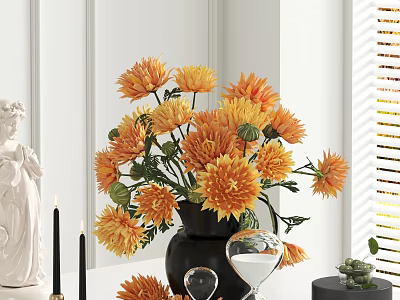 Stylish Ornamental Decor Set Featuring Orange Flowers Black Vase White Statue And Small Green Plant 3d model