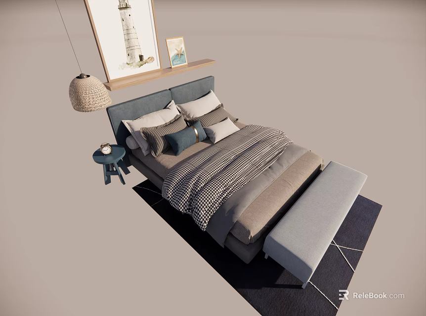 Modern Double Bed with Gray Headboard Pillows Striped Quilt Footstool Nightstand Lamp Wall Art 3d model 