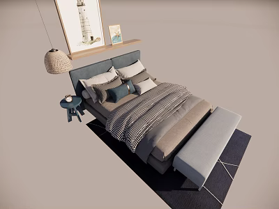 Modern Double Bed with Gray Headboard Pillows Striped Quilt Footstool Nightstand Lamp Wall Art 3d model