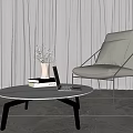 Modern Gray Leisure Chair With Metal Frame Side Glass Coffee Table Vase Books Laptop Curtain