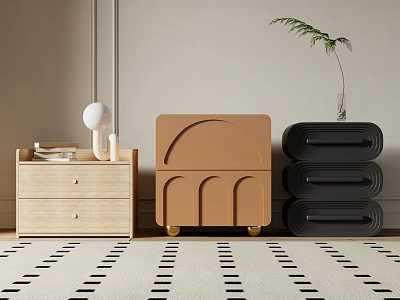 Modern Bedside Tables With Light Wood Drawer Brown Curved Design Black Storage Lamp And Vase 3d model