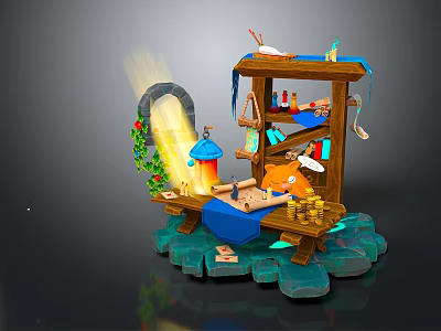 Wooden Dining Table With Blue Decor Lantern Gold Coins Green Plants And Glowing Light 3d model
