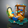 Wooden Dining Table With Blue Decor Lantern Gold Coins Green Plants And Glowing Light