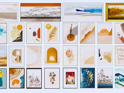 Diverse Decorative Wall Art Paintings Featuring Geometric Natural And Scenic Designs 3d model
