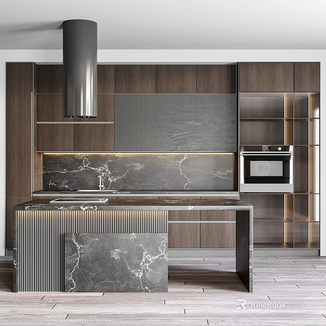 Modern Kitchen Interior Featuring Wooden Cabinets Marble Island Countertop Range Hood And Oven 3d model 