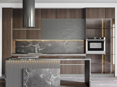 Modern Kitchen Interior Featuring Wooden Cabinets Marble Island Countertop Range Hood And Oven 3d model