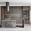Modern Kitchen Interior Featuring Wooden Cabinets Marble Island Countertop Range Hood And Oven