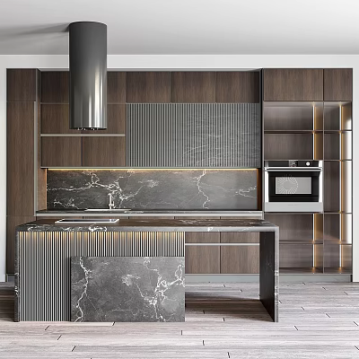 Modern Kitchen Interior Featuring Wooden Cabinets Marble Island Countertop Range Hood And Oven 3d model
